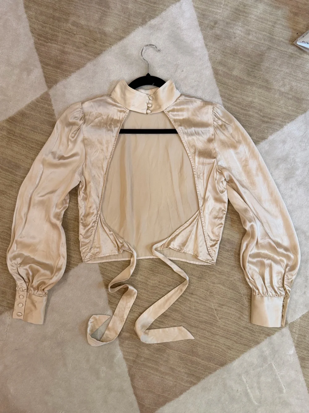 Reformation 100% SILK Cream High-Neck, Backless, Puff Sleeve Blouse